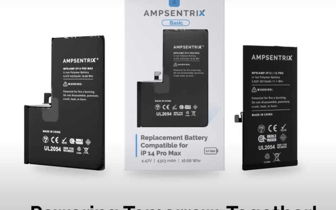 muestra tres baterías de repuesto AMPSENTRIX para iPhone 14 Pro Max, junto con su empaque. Hay un eslogan en la parte inferior que dice “Powering Tomorrow, Together!”.